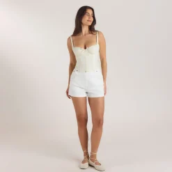 Bestickter Korsett-Top mit Blumenmuster - Buttercreme