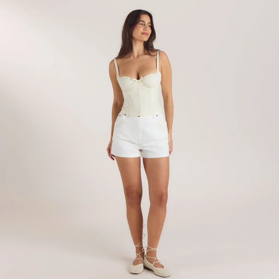 Bestickter Korsett-Top mit Blumenmuster - Buttercreme