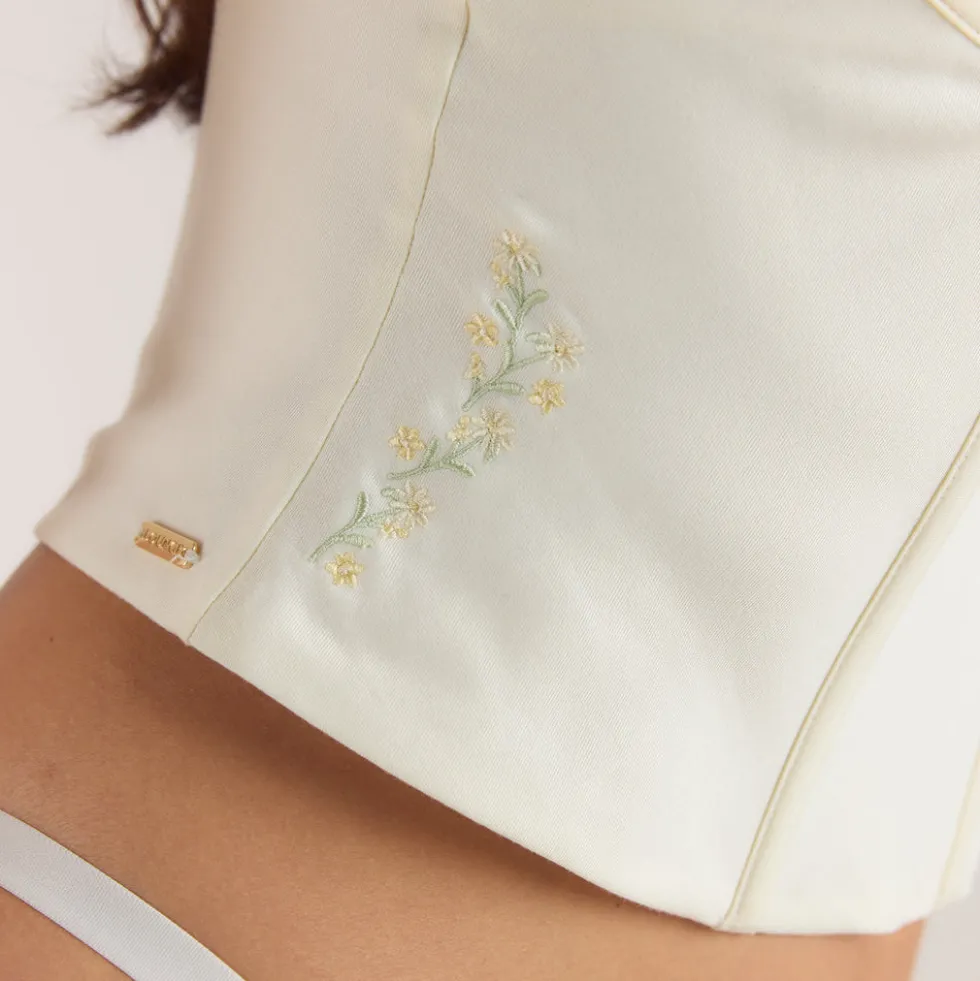 Bestickter Korsett-Top mit Blumenmuster - Buttercreme