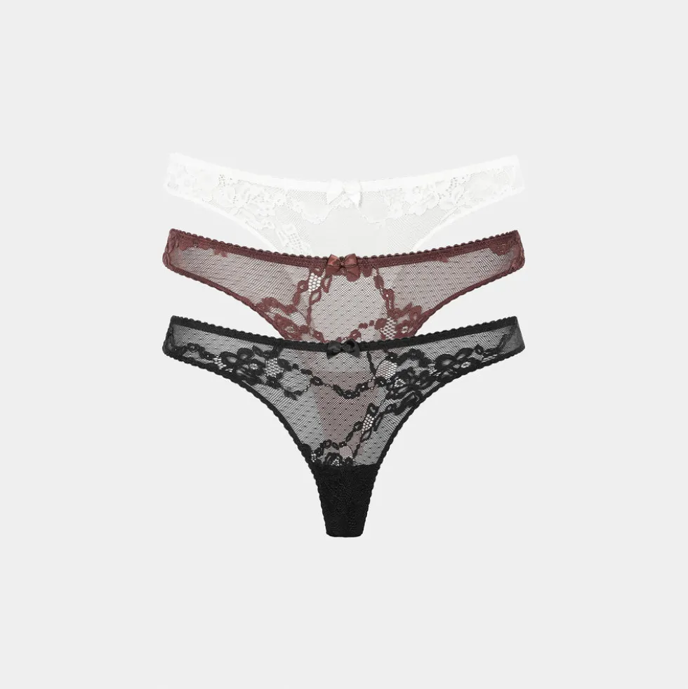 Blossom Spitzenstrings (3er-Pack) - Schwarz