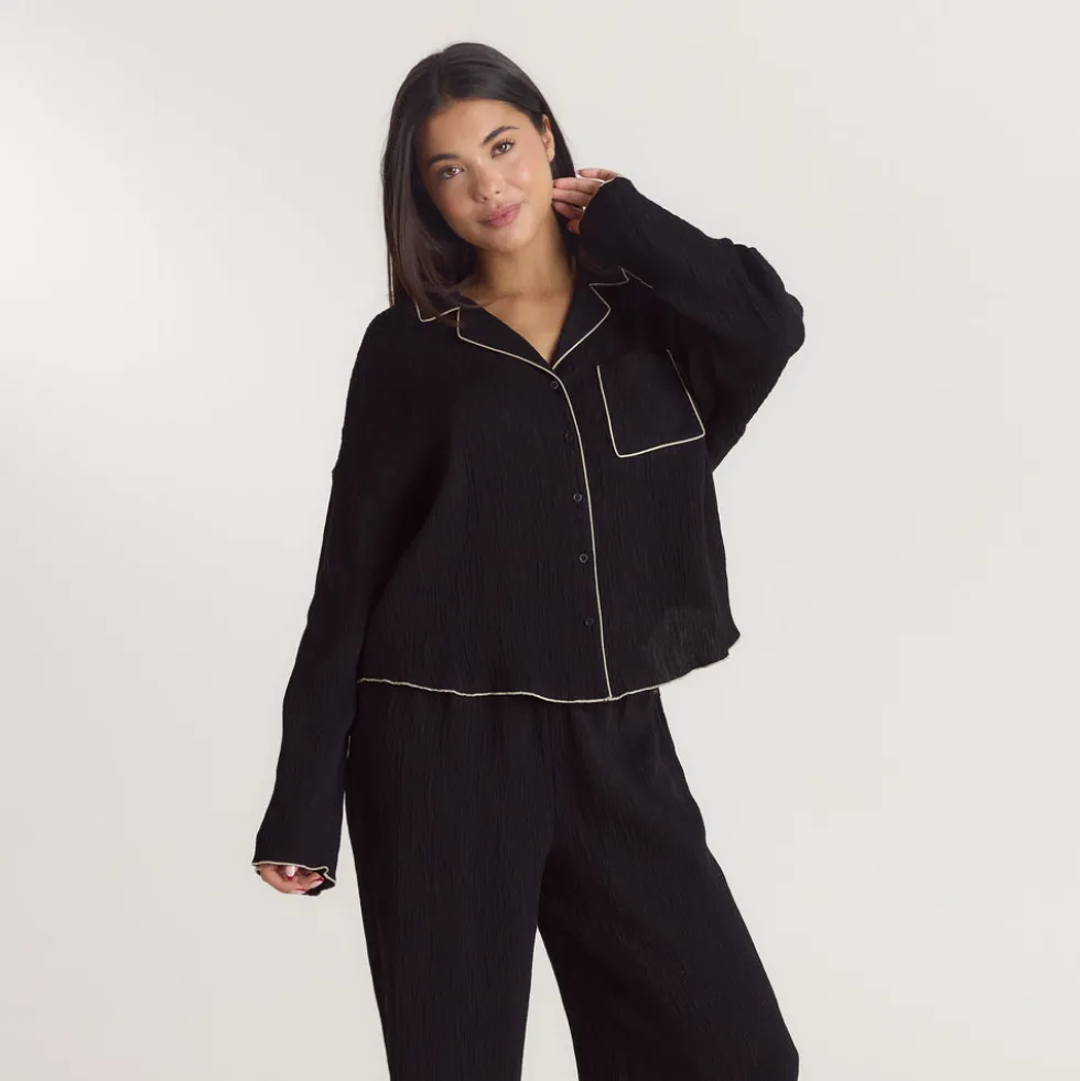 Crinkle Pyjamahemd - Schwarz