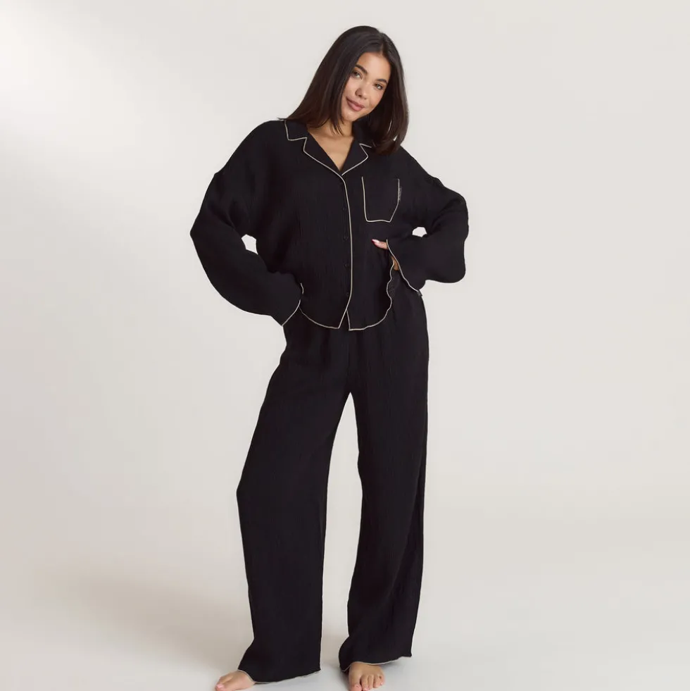 Crinkle Pyjamahemd - Schwarz