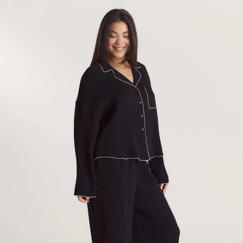 Crinkle Pyjamahemd - Schwarz