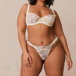 Fleur Balcony Bra und String Set - Weiß und Gelb