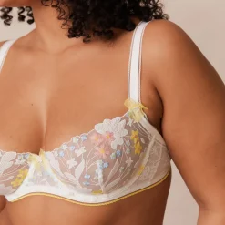 Fleur Balcony Bra und String Set - Weiß und Gelb