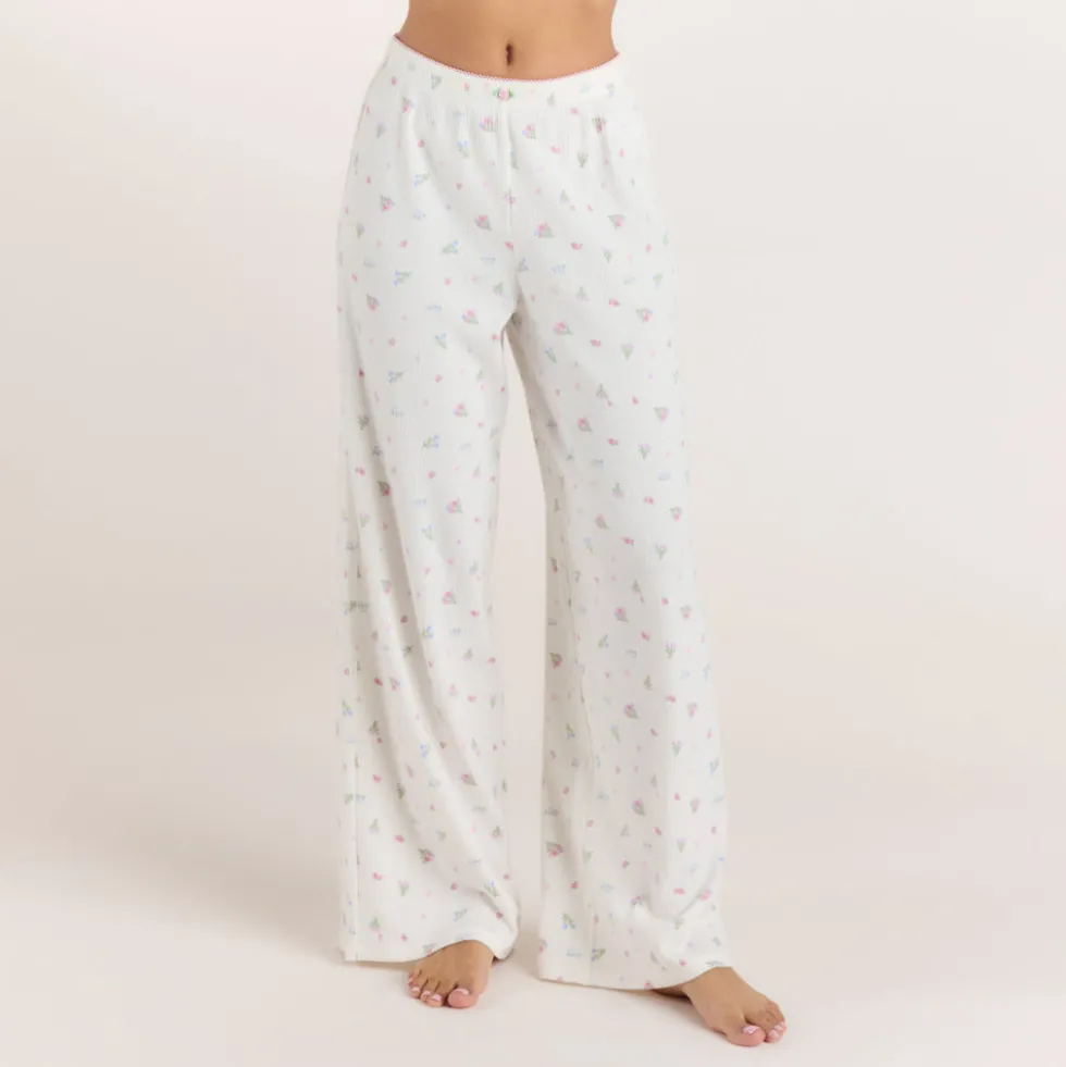 Gerippte Pyjamahosen - Florales Weiß