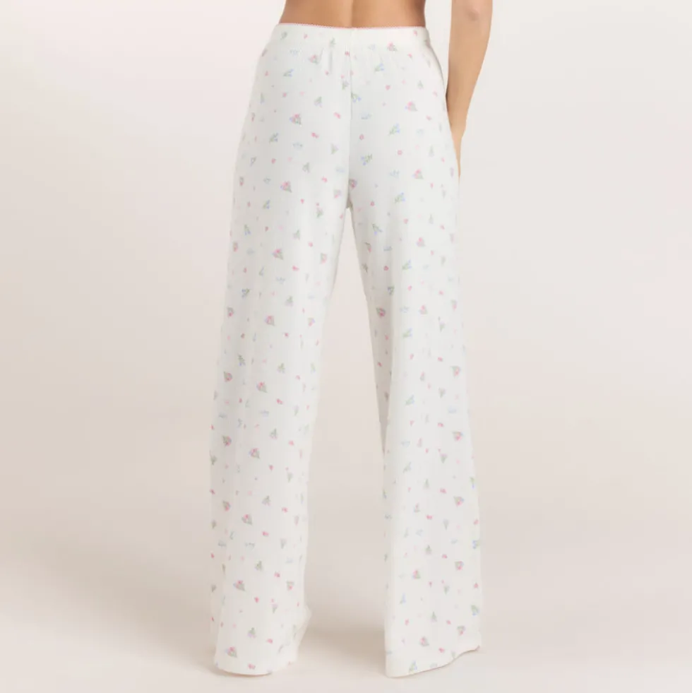 Gerippte Pyjamahosen - Florales Weiß