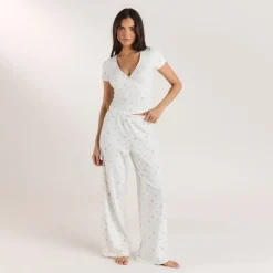 Gerippte Pyjamahosen - Florales Weiß
