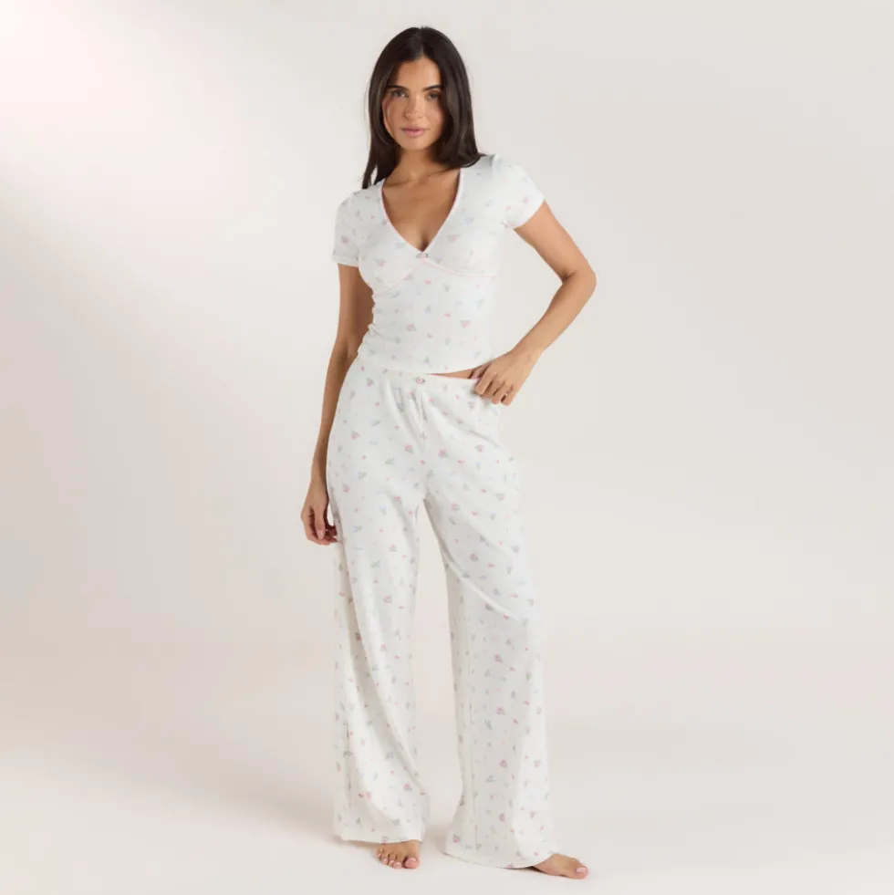 Gerippte Pyjamahosen - Florales Weiß