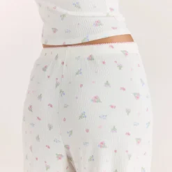 Gerippte Pyjamahosen - Florales Weiß