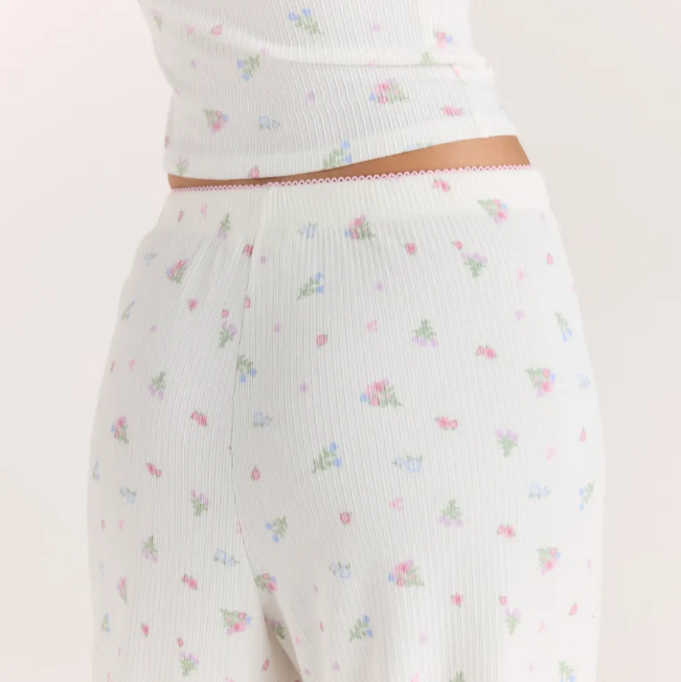 Gerippte Pyjamahosen - Florales Weiß