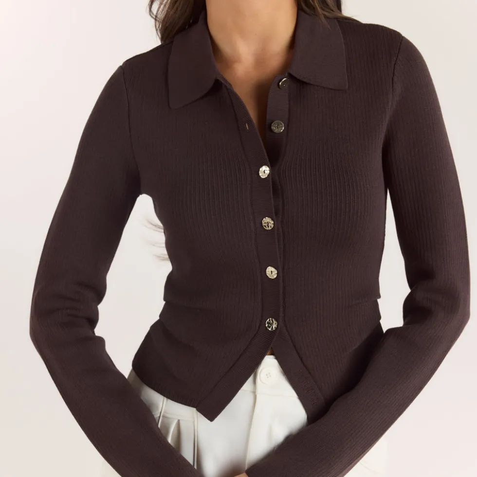Gerippte Strickjacke - Schokolade