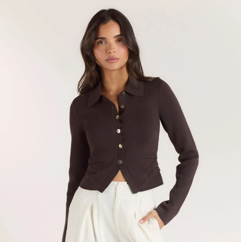 Gerippte Strickjacke - Schokolade