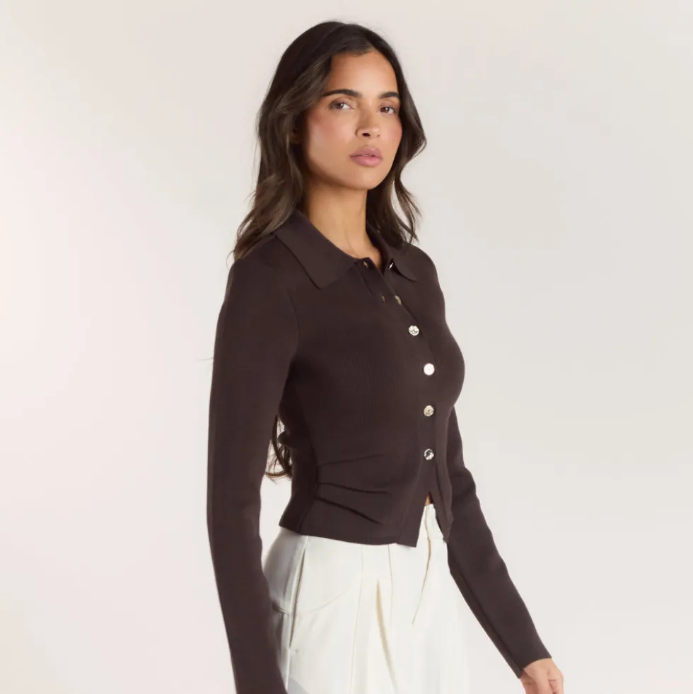 Gerippte Strickjacke - Schokolade