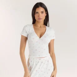 Gerippter, Kurzärmeliger Pyjama Top - Florales Weiß