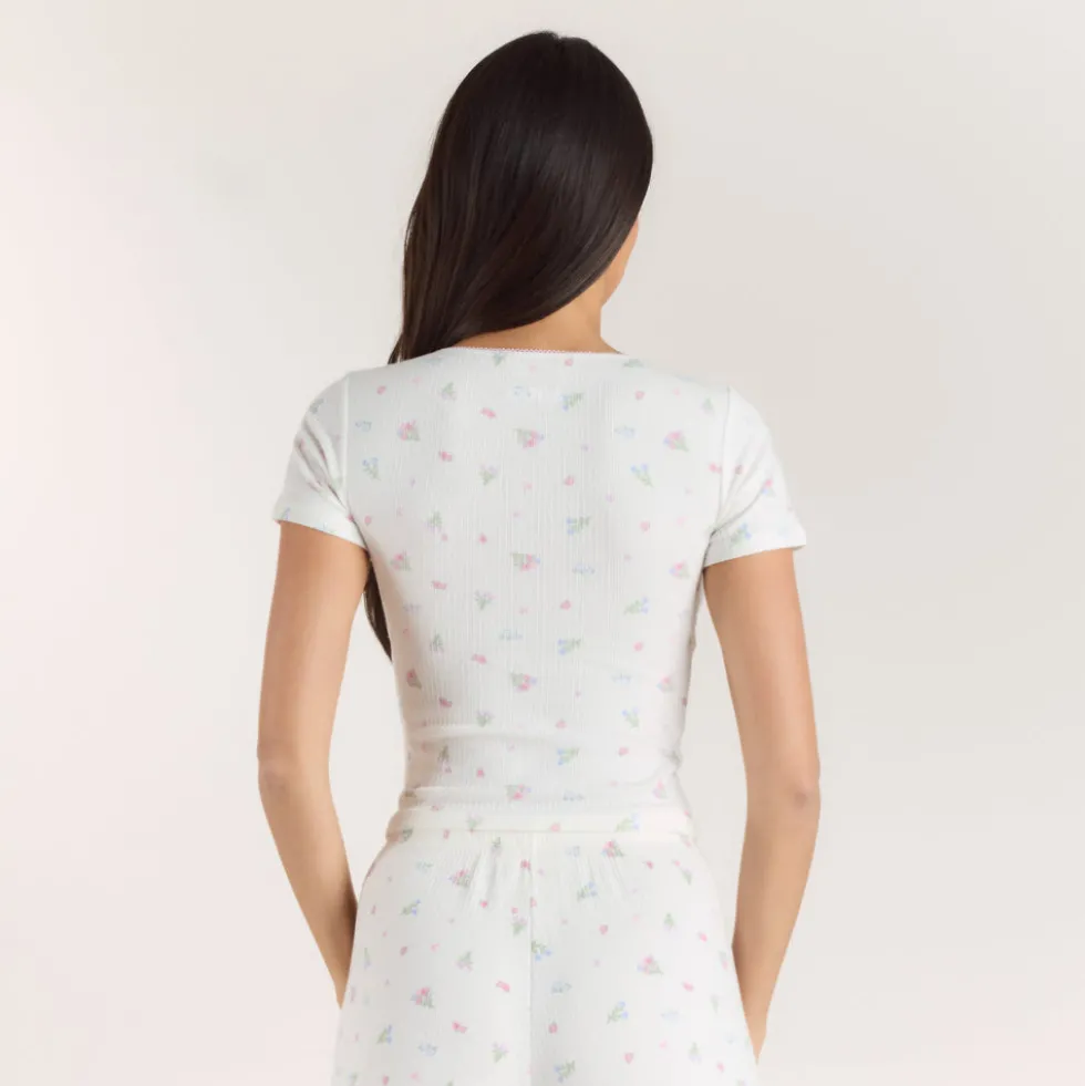 Gerippter, Kurzärmeliger Pyjama Top - Florales Weiß