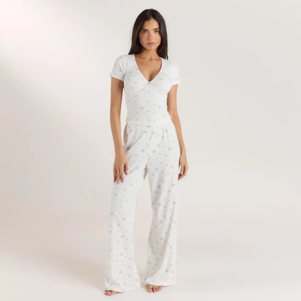 Gerippter, Kurzärmeliger Pyjama Top - Florales Weiß