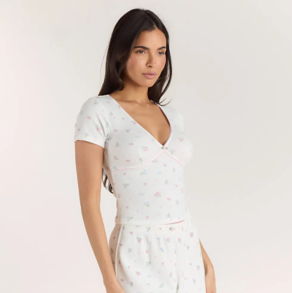Gerippter, Kurzärmeliger Pyjama Top - Florales Weiß