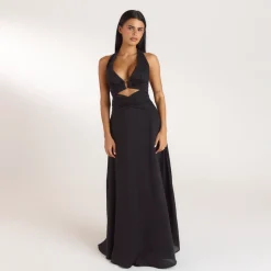 Gerüschtes Tencel Maxikleid - Schwarz