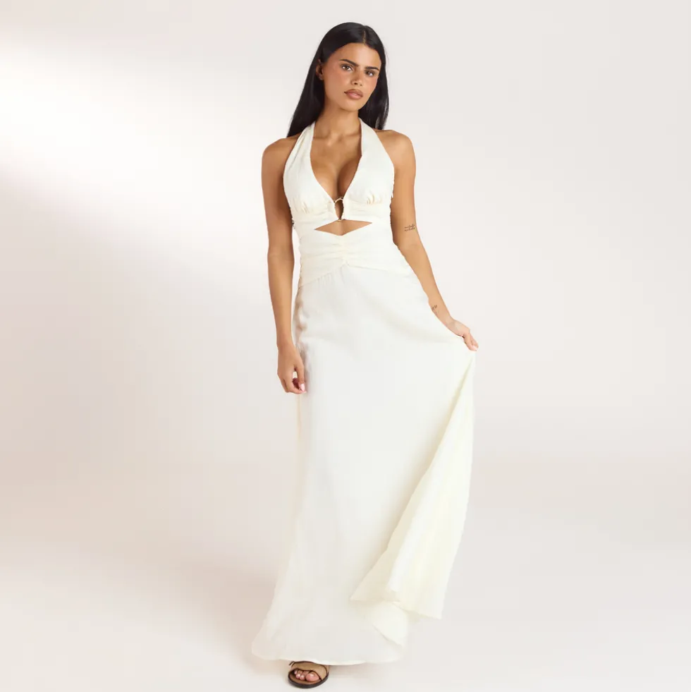 Gerüschtes Tencel Maxikleid - Crèmefarbe