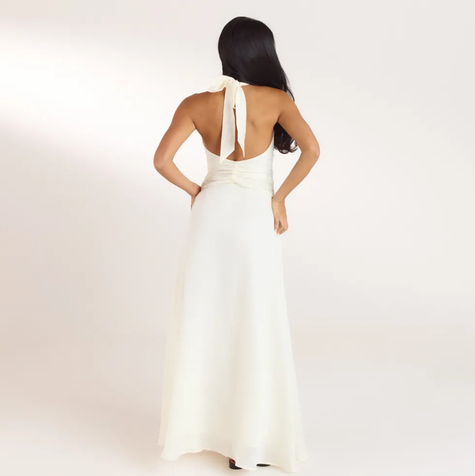Gerüschtes Tencel Maxikleid - Crèmefarbe