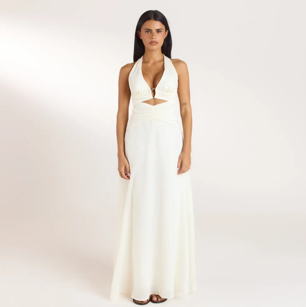 Gerüschtes Tencel Maxikleid - Crèmefarbe