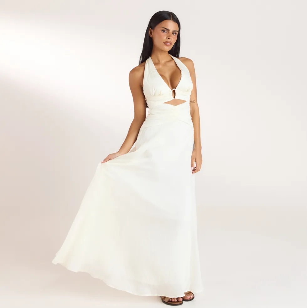 Gerüschtes Tencel Maxikleid - Crèmefarbe