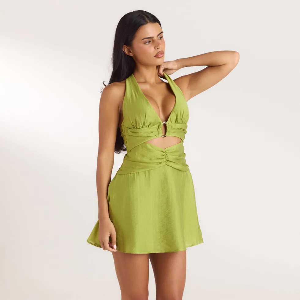 Gerüschtes Tencel Minikleid - Lindgrün