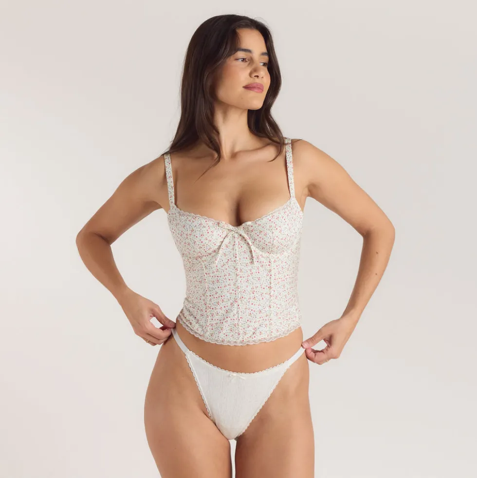 Korsetttop mit Spitzenbesatz - Florales Rosa