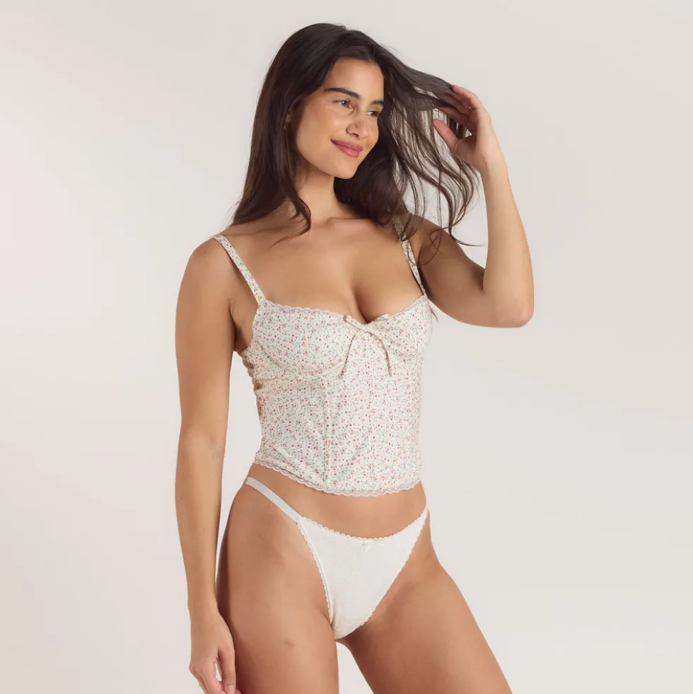 Korsetttop mit Spitzenbesatz - Florales Rosa