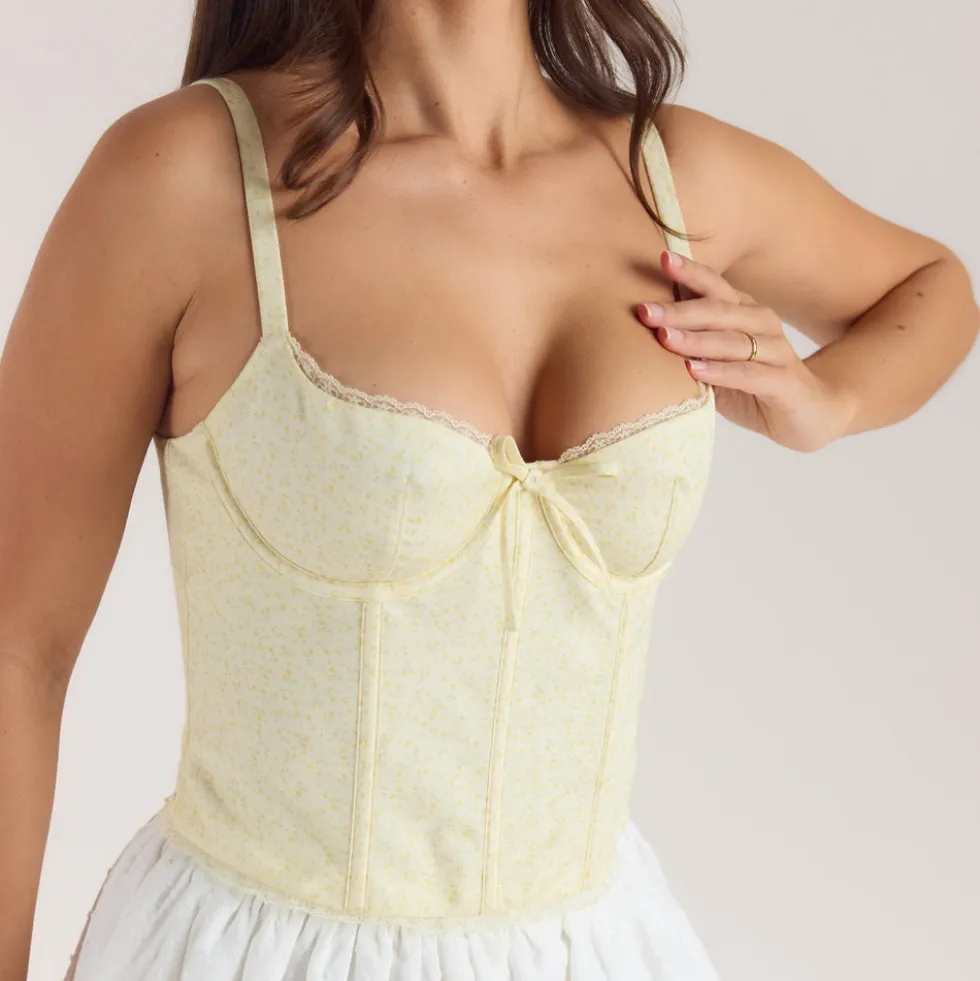 Korsetttop mit Spitzenbesatz - Florales Gelb