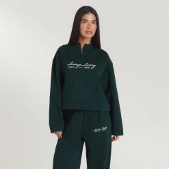Lounge Living Pullover mit Viertel-Zip - Waldgrün