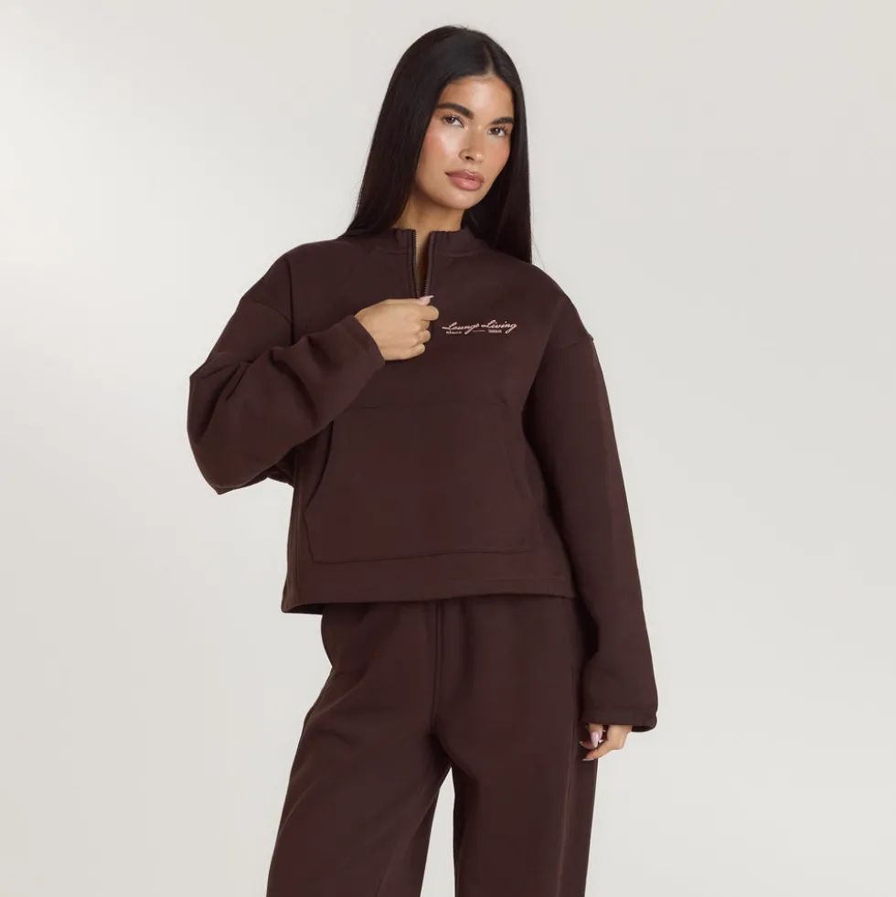 Lounge Living Pullover mit Viertel-Zip - Schokolade