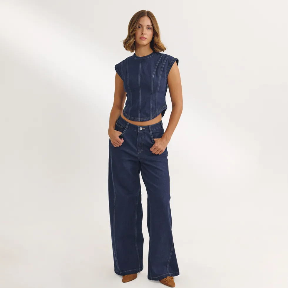 Low-Rise-Jeans mit Weitem Bein - Indigo