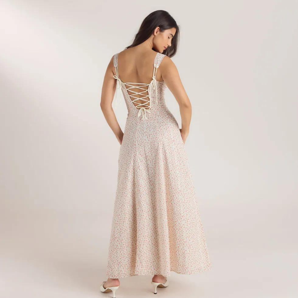 Maxikleid mit Korsetterie - Blumencreme