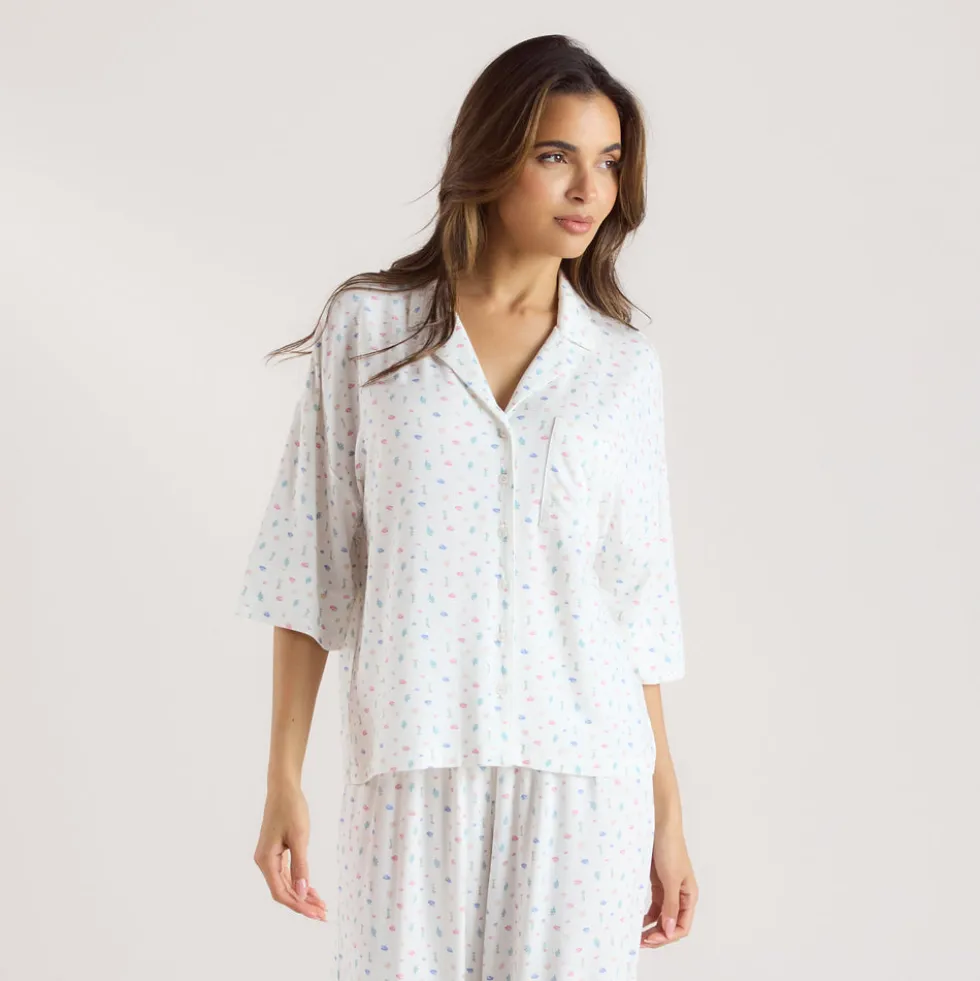 Modal Pyjama-Shirt mit kurzen Ärmeln - Florales Weiß