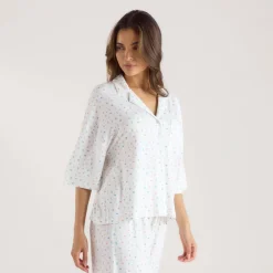 Modal Pyjama-Shirt mit kurzen Ärmeln - Florales Weiß