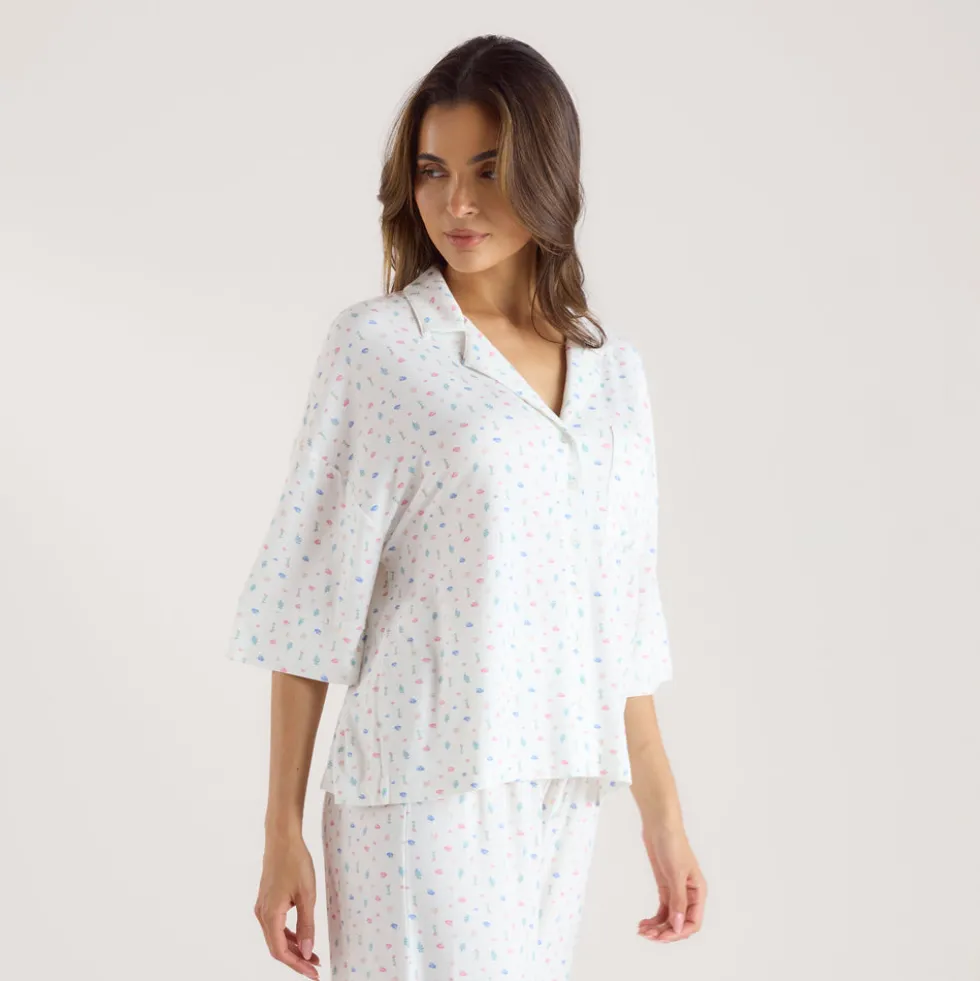 Modal Pyjama-Shirt mit kurzen Ärmeln - Florales Weiß