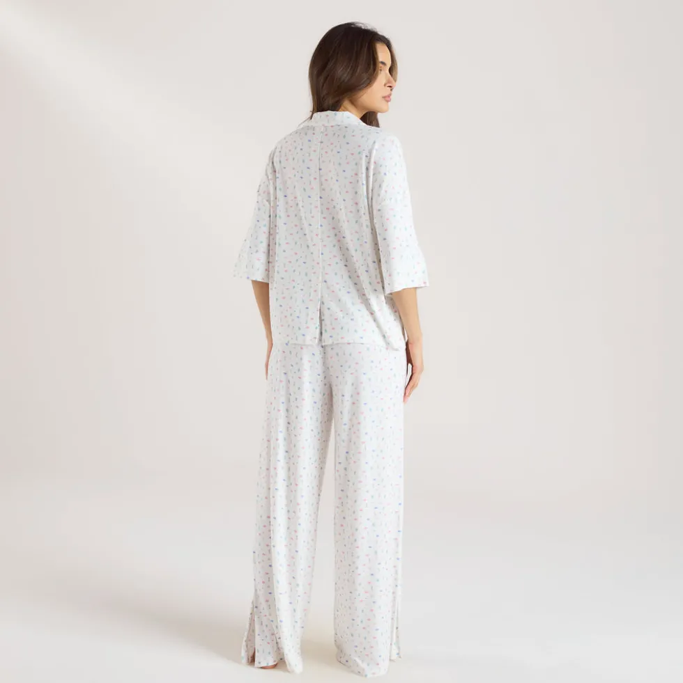 Modal Pyjama-Shirt mit kurzen Ärmeln - Florales Weiß