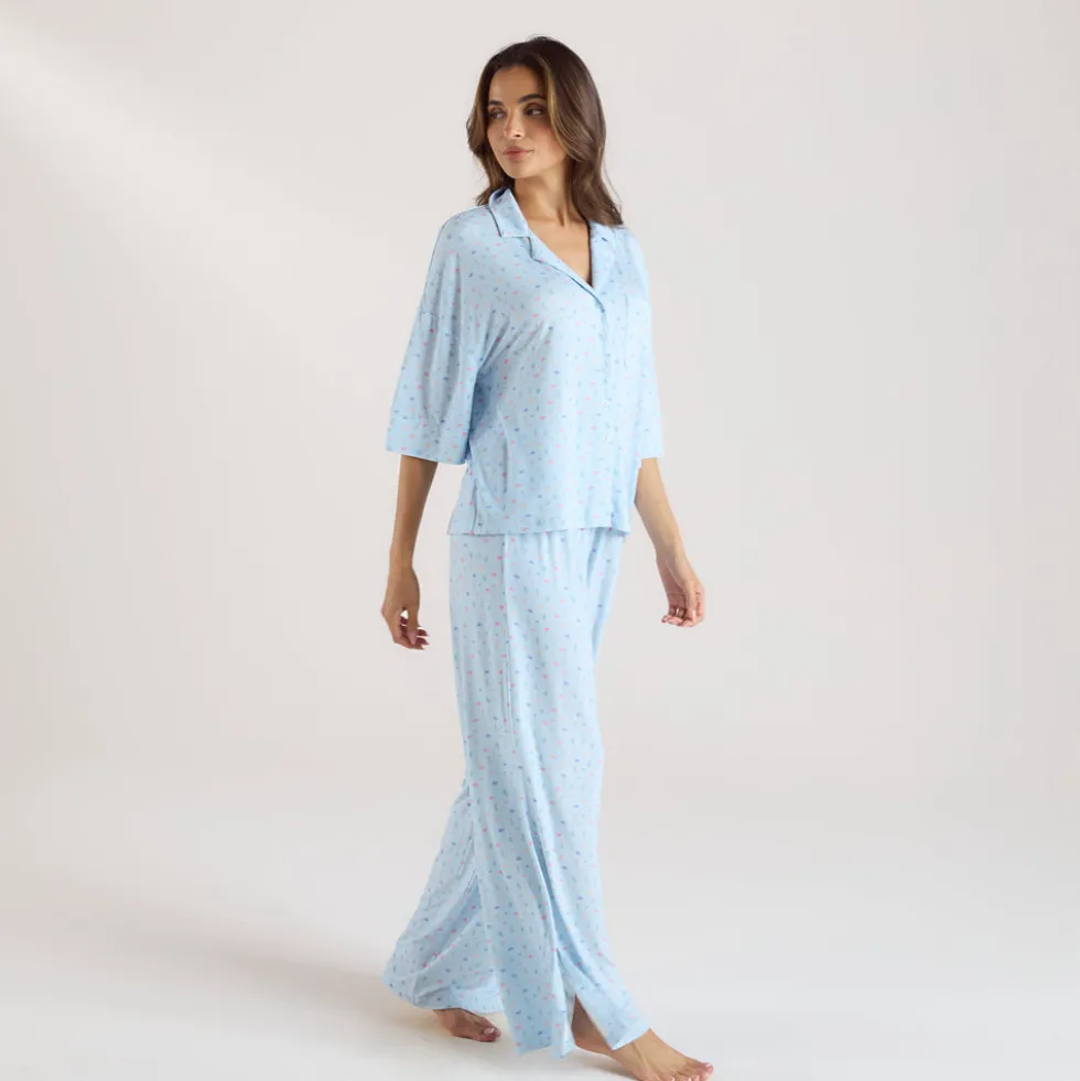 Modal Pyjama-Shirt mit kurzen Ärmeln - Florales Blau