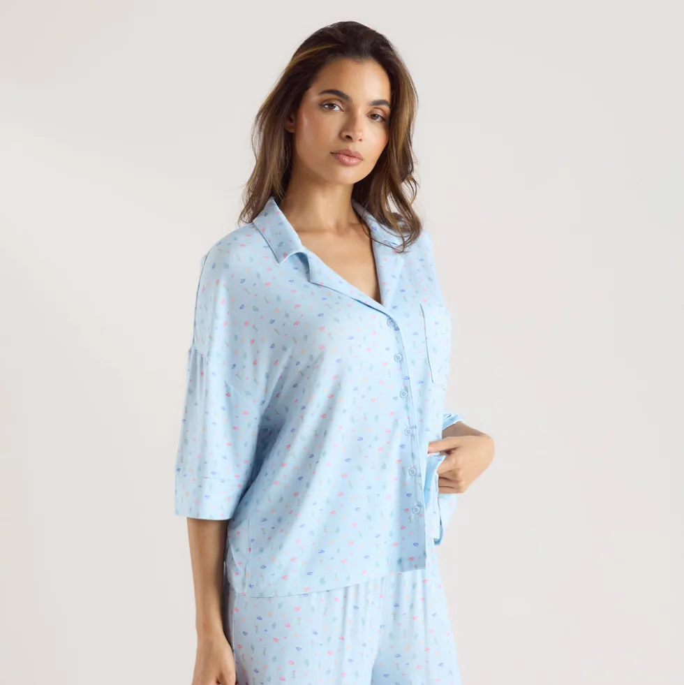 Modal Pyjama-Shirt mit kurzen Ärmeln - Florales Blau