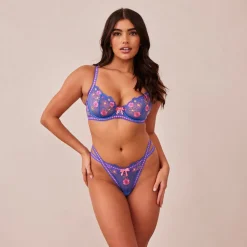 Neon Balcony BH und String Set - Blau