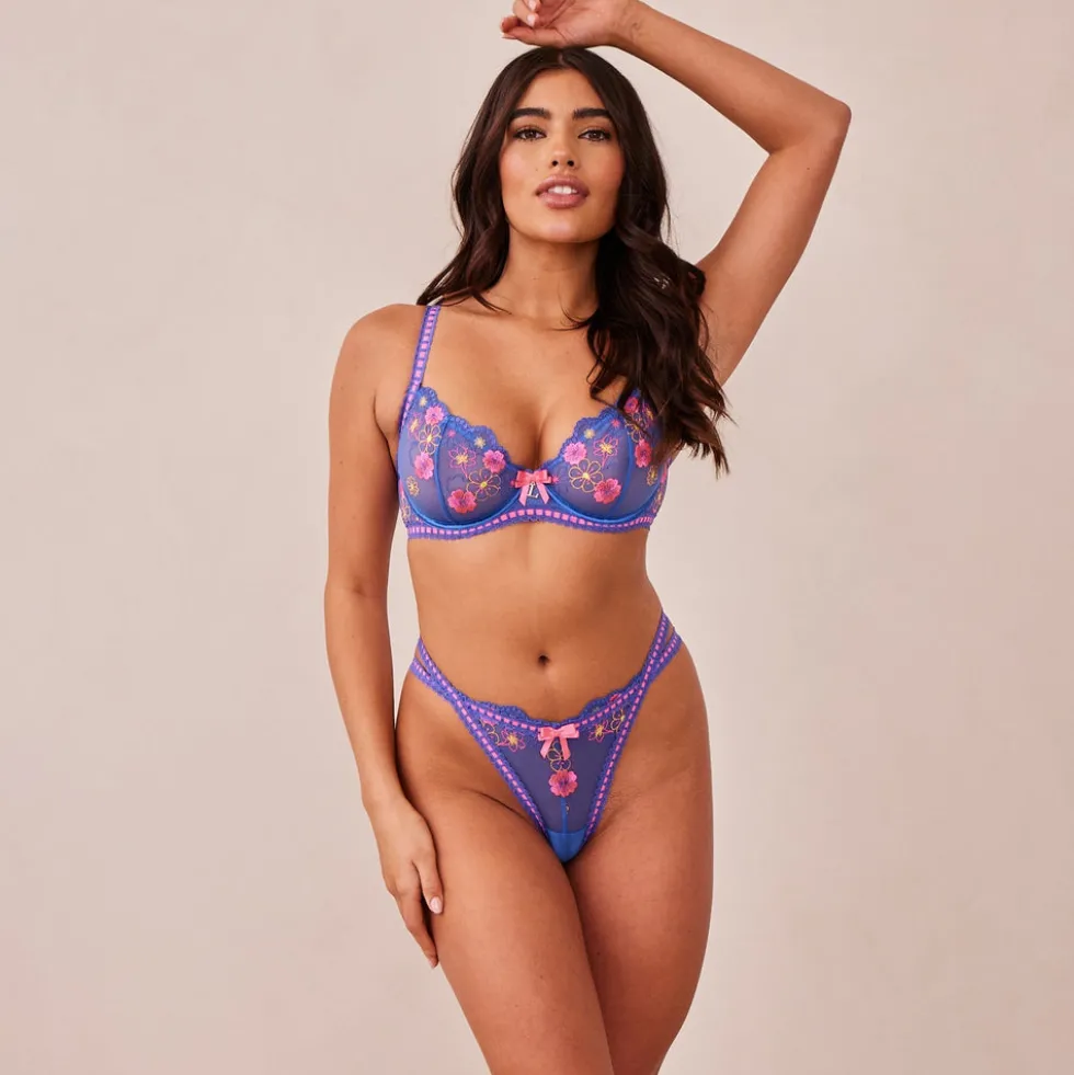 Neon Balcony BH und String Set - Blau