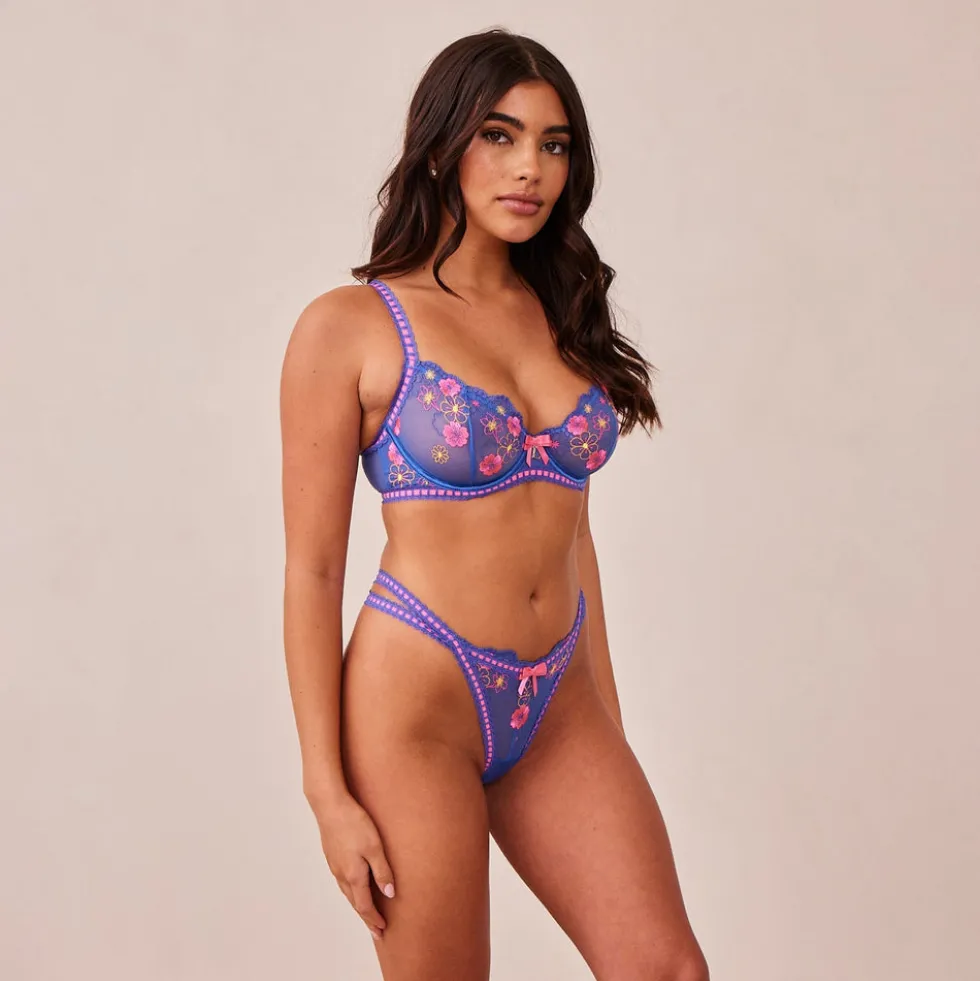 Neon Balcony BH und String Set - Blau
