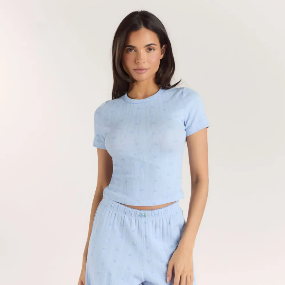 Pointelle Pyjama-Top - Florales Blau