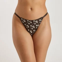 Pointelle Triangle Brazilian Slip - Braunes Blumenmuster