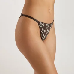 Pointelle Triangle Brazilian Slip - Braunes Blumenmuster