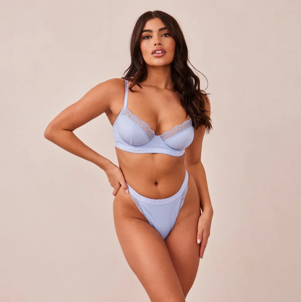 Ribbed Balcony BH und String/Slip Set - Blau