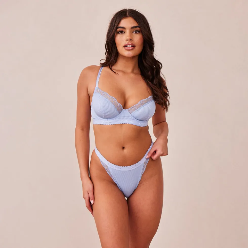 Ribbed Balcony BH und String/Slip Set - Blau