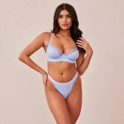 Ribbed Balcony BH und String/Slip Set - Blau